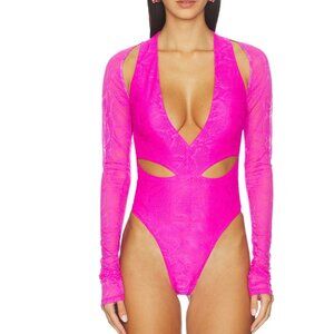 NEW Lapointe Snake Lace Bodysuit in Vivid Pink Hot Cutout Long Sleeve Festival 2